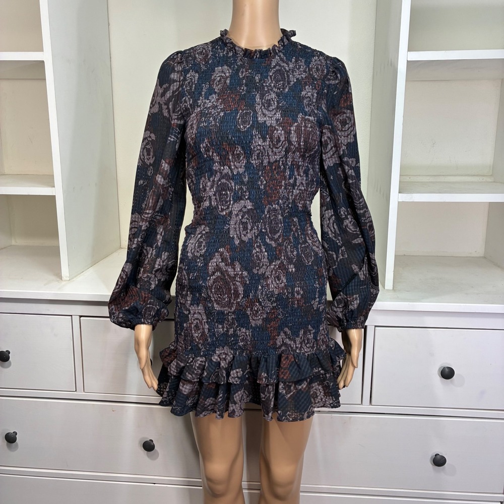 ZARA Womens Smocked Floral Mini Dress Blue Brown Ruffle High‎ Neck Size M